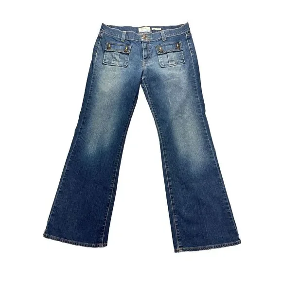 VTG OLD NAVY Jeans Womens 16 Stretch Flare Bootcut Flap Pockets Denim Faded Blue - Picture 1 of 15